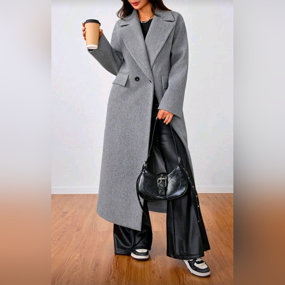 New Oversized Double Breasted Long Coat Jacket Gray